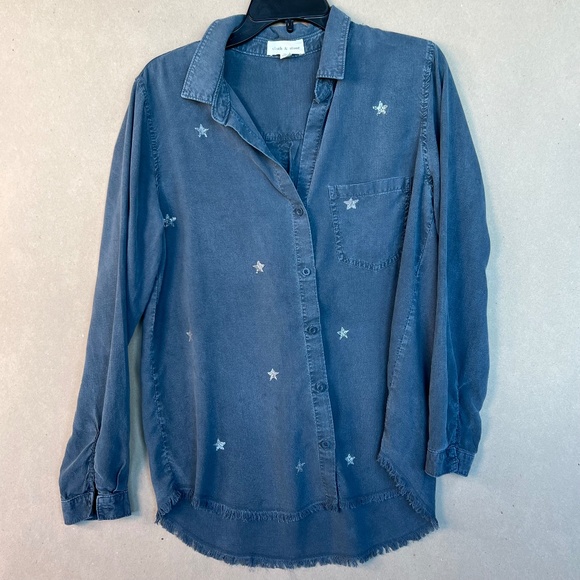 Cloth and Stone Deep Blue Shirt with Silver Silk Screen Print Stars Size M - Picture 2 of 11